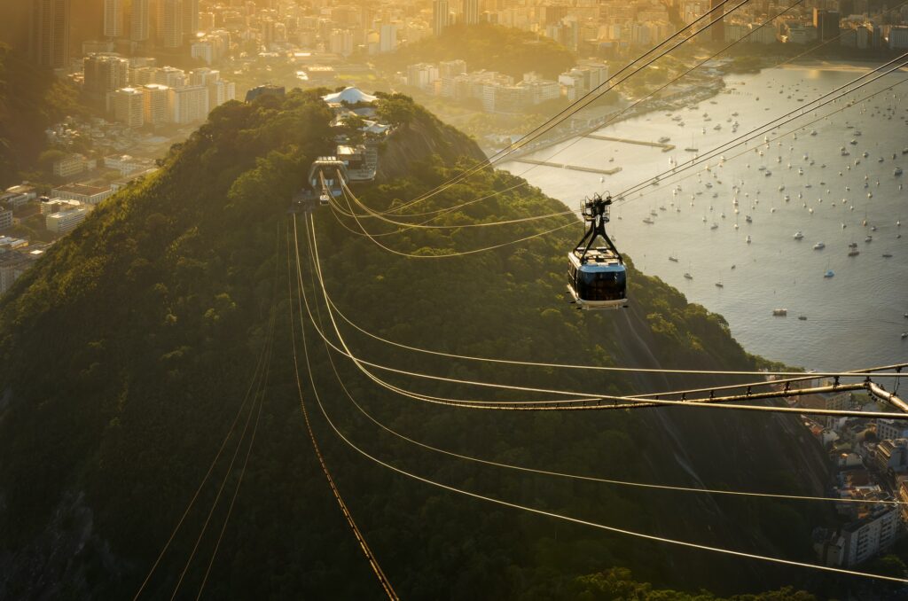 Cable car descending from the Sugarloaf Mountain in Rio de Janeiro.
