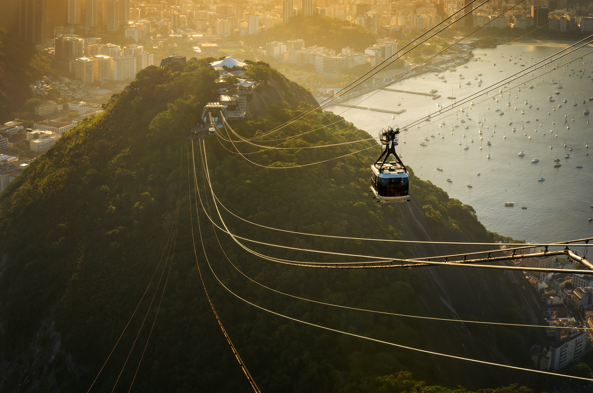 Cable car descending from the Sugarloaf Mountain in Rio de Janeiro.