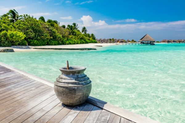 Blue ocean and jetty on Maldives.